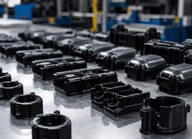 Finished custom molded plastic components arranged for inspection