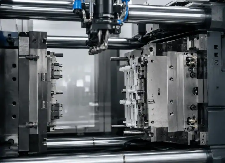 Open injection mold tooling installed in a plastic molding press