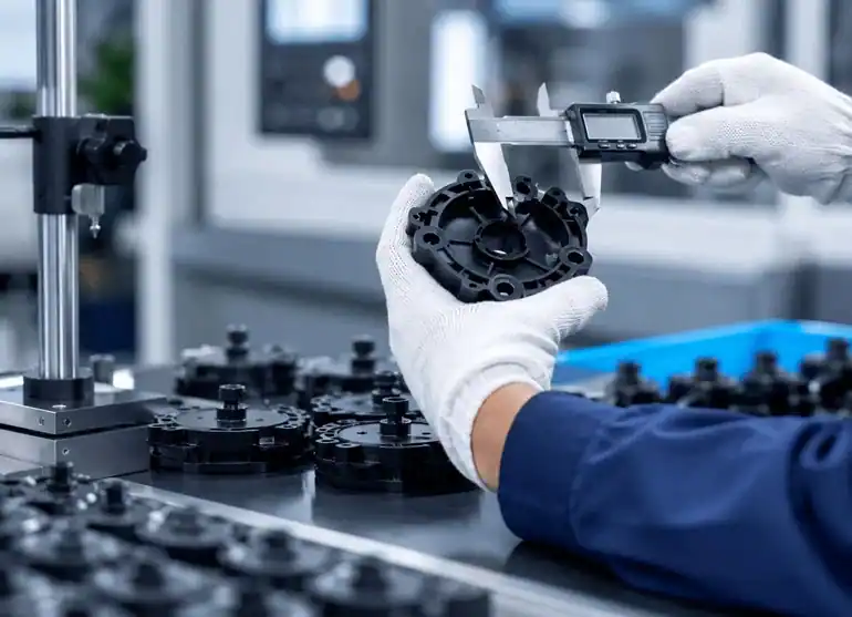 Technician measuring a molded plastic part with digital calipers