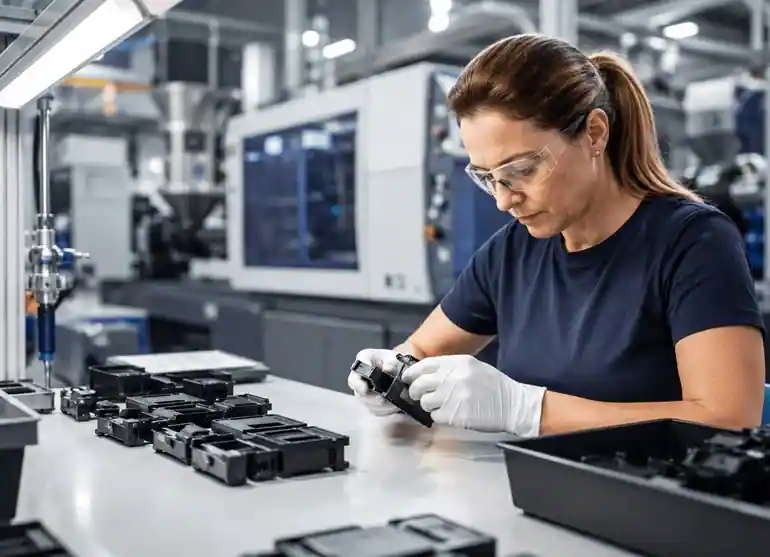 Technician inspecting molded plastic components during production