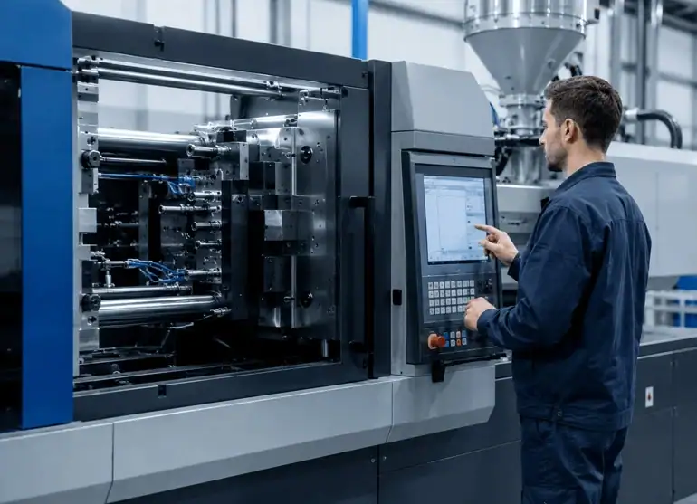 Technician operating a plastic injection molding press