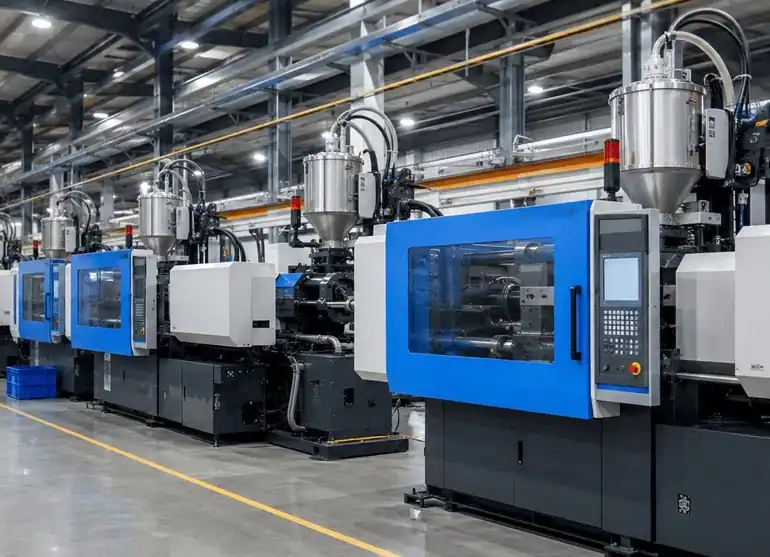 Plastic injection molding presses on a manufacturing production floor