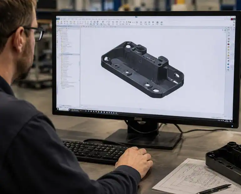 LCS Precision Molding engineer reviewing a custom plastic part design in CAD
