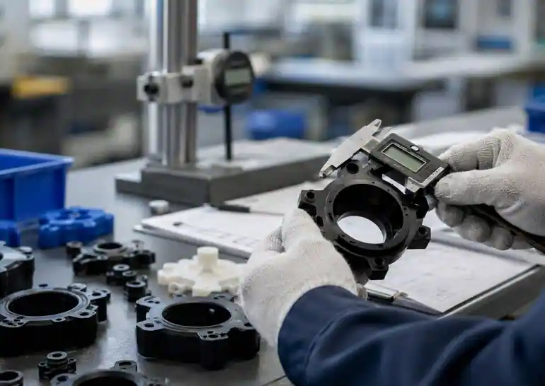 LCS Precision Molding technician measuring a molded plastic part with digital calipers