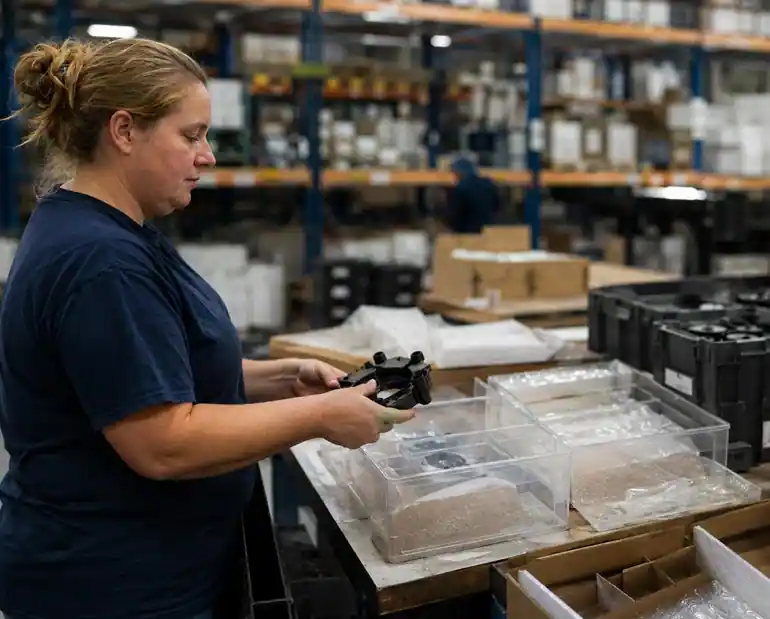 LCS Precision Molding employee completing secondary operations on molded plastic parts