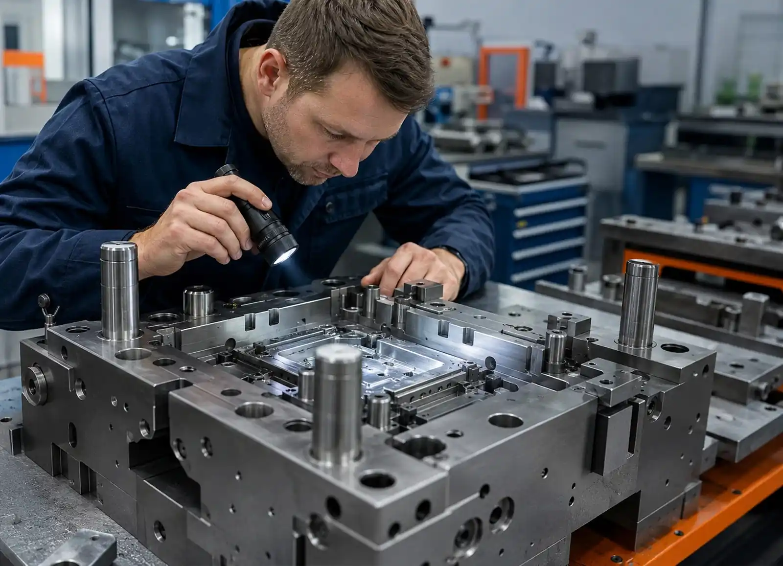 Mold services technician inspecting precision tooling components for wear