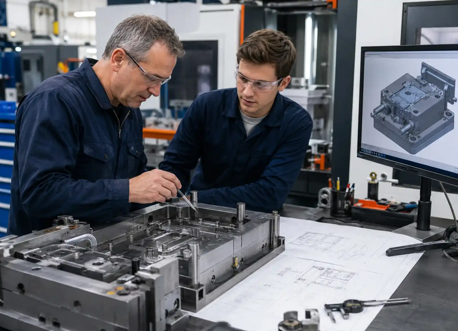 Tooling team coordinating an injection mold modification from technical drawings