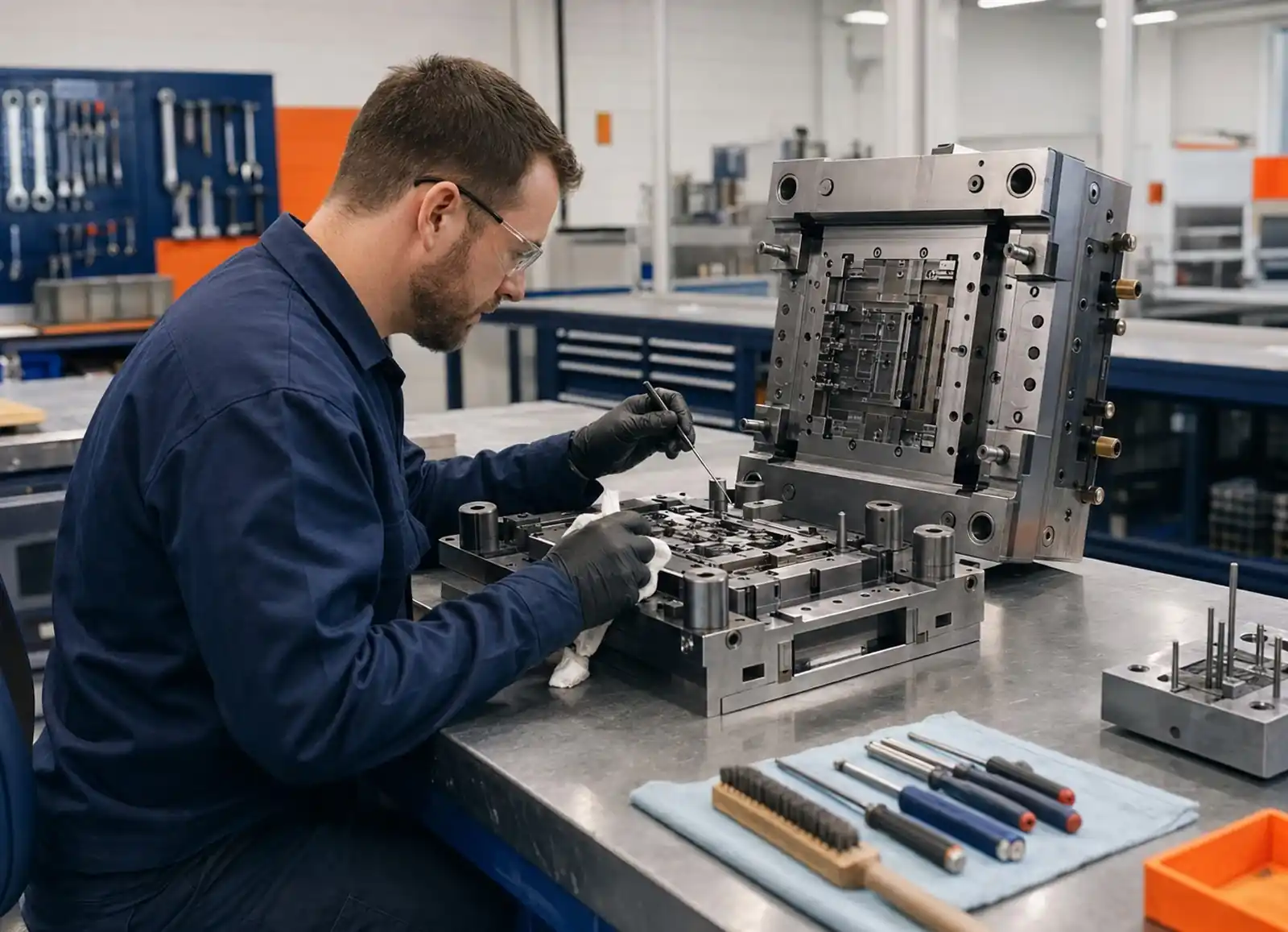 Mold services toolmaker repairing a precision injection mold insert