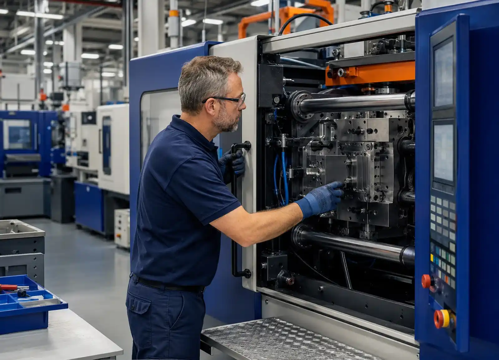 Technician monitoring injection molding presses during ongoing tooling support