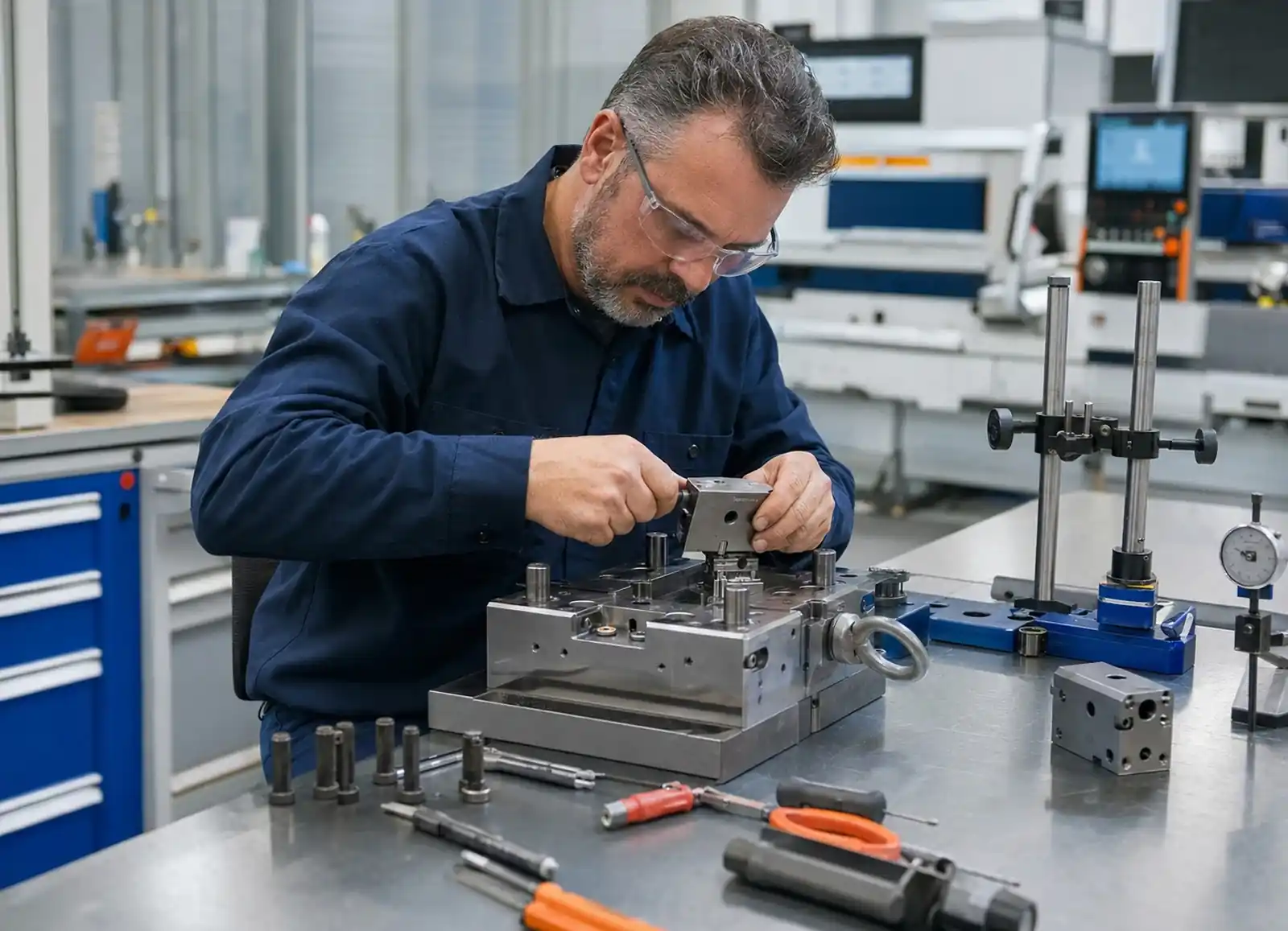 Technician performing preventive maintenance on precision injection mold tooling