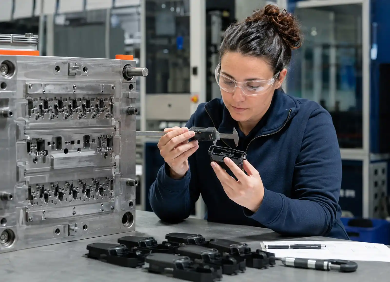 Quality technician measuring a molded plastic part after tooling work