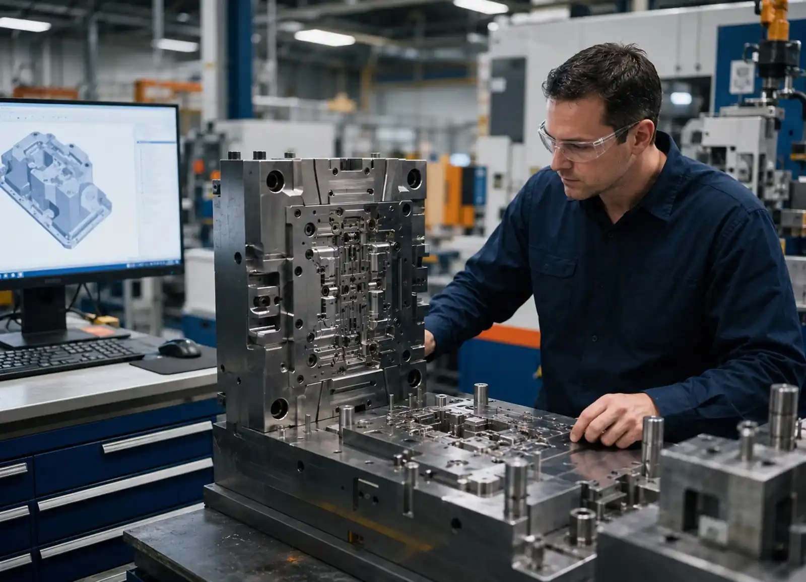 Mold services engineer inspecting tooling during injection mold development
