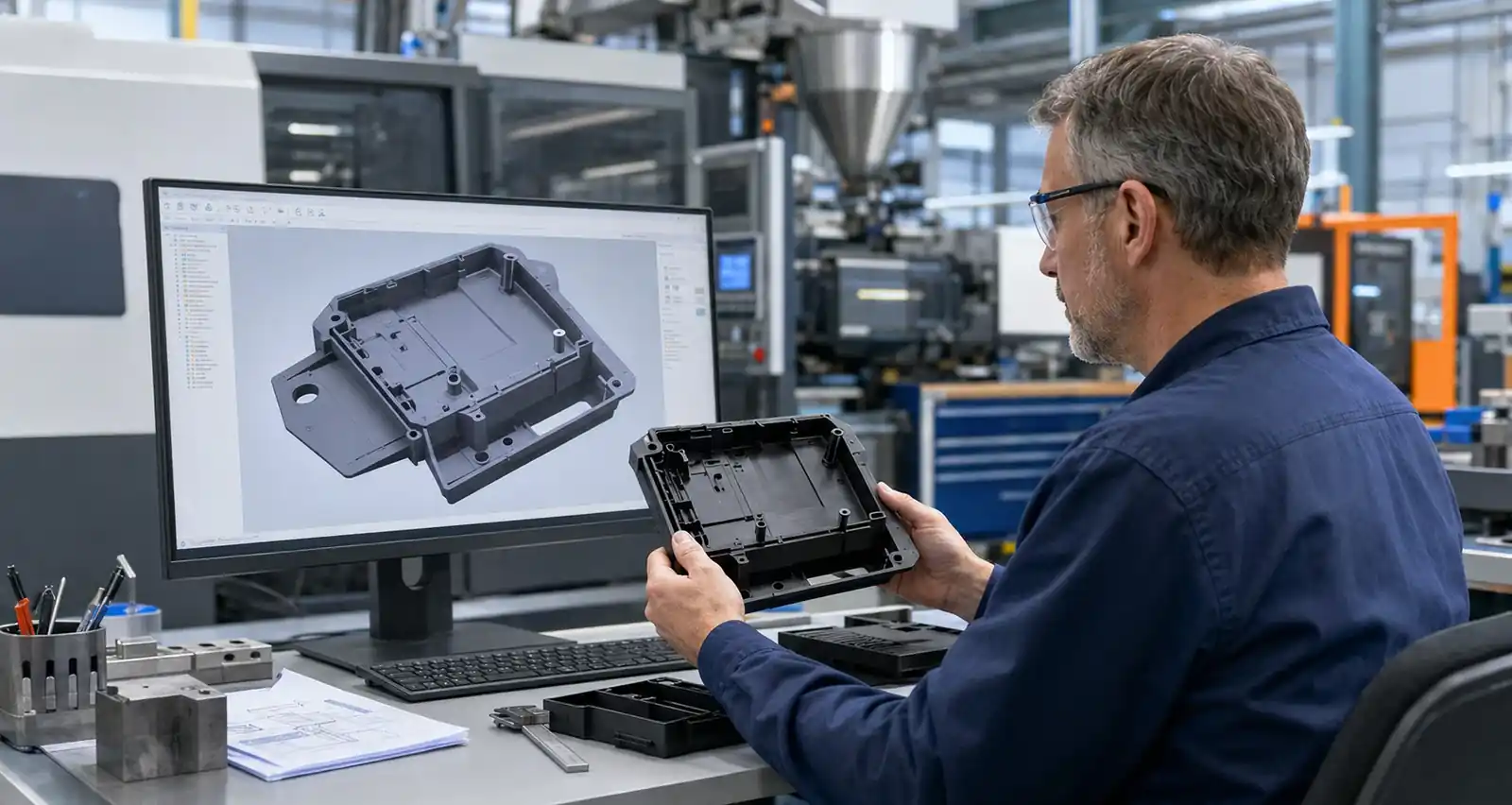 Plastic part engineering support engineer reviewing a molded housing and CAD model