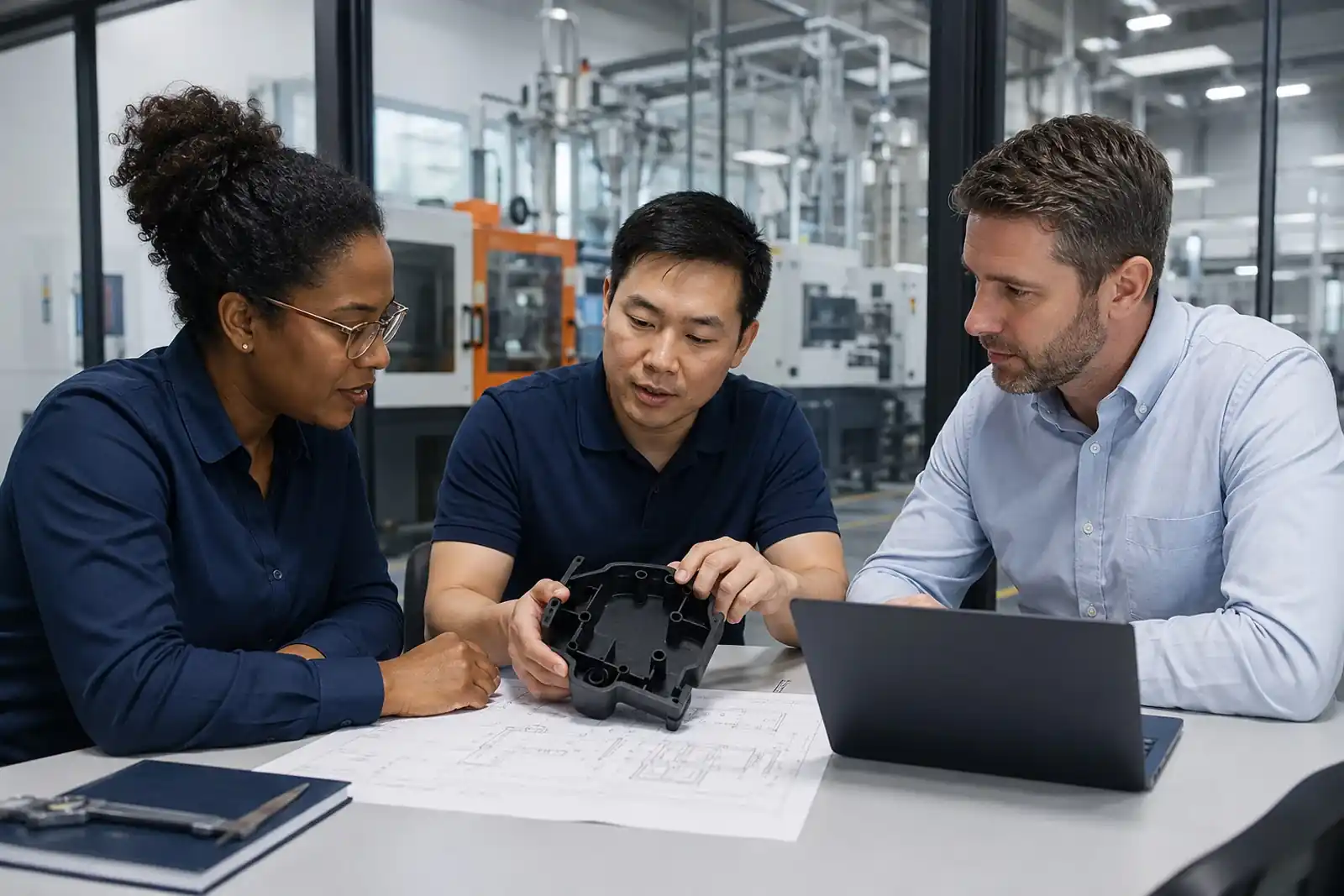 Plastic part engineering support team reviewing a molded component and project drawing
