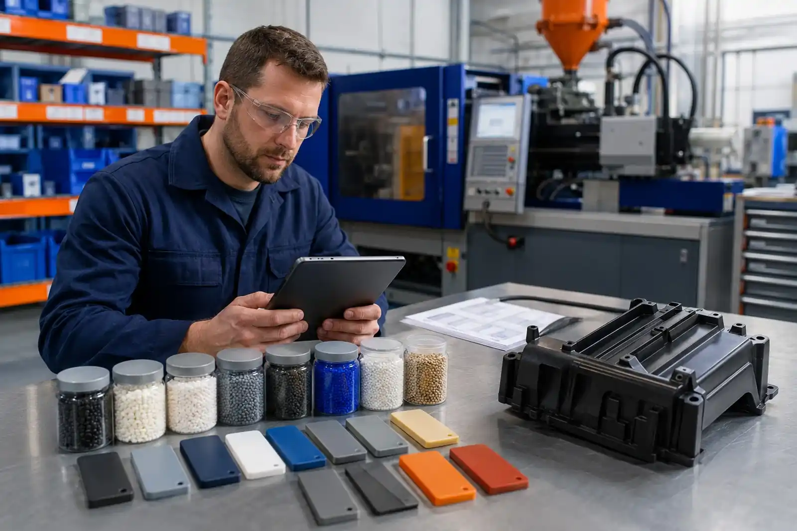 Engineer comparing resin samples for a custom molded plastic part