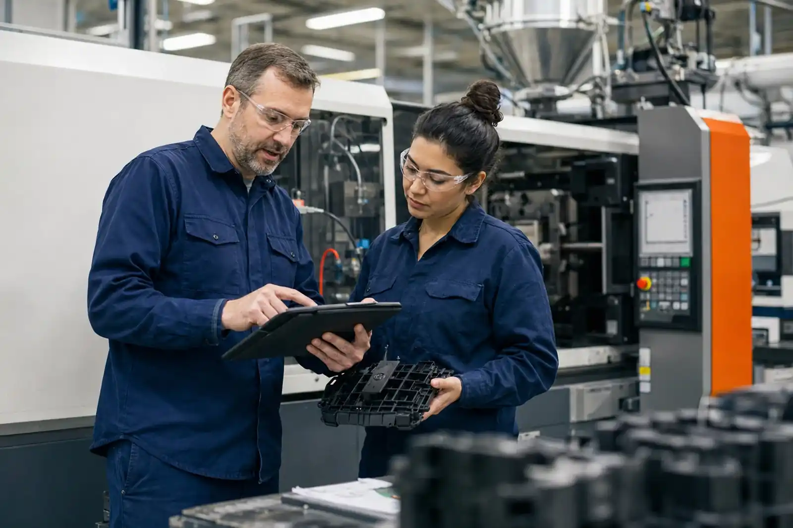 Manufacturing engineer and technician reviewing an existing molded component
