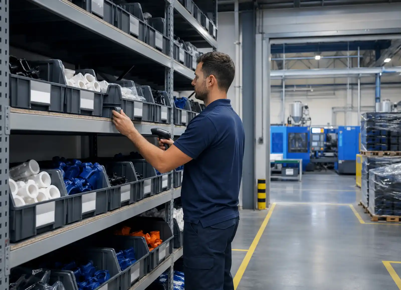 Employee stocking organized bins of finished molded plastic components