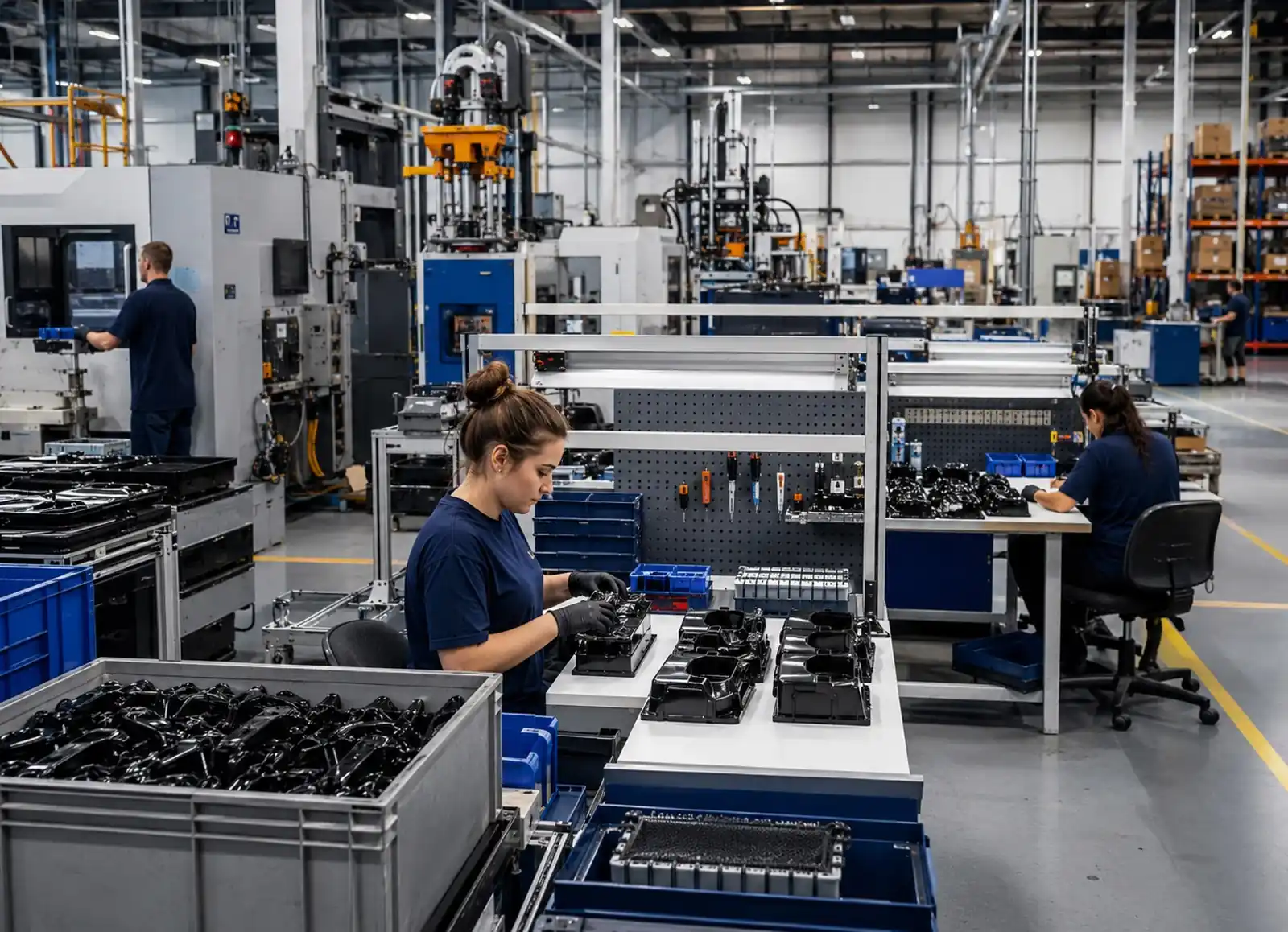Secondary operations and logistics team completing molded plastic parts beside production