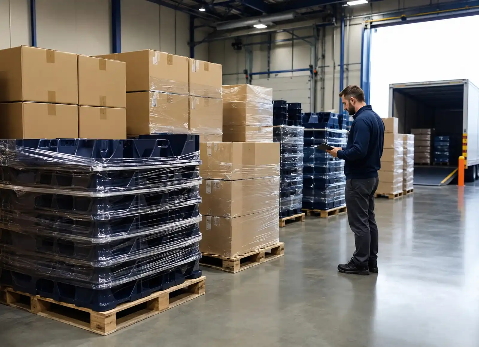 Finished molded plastic parts staged in an organized outbound shipping area