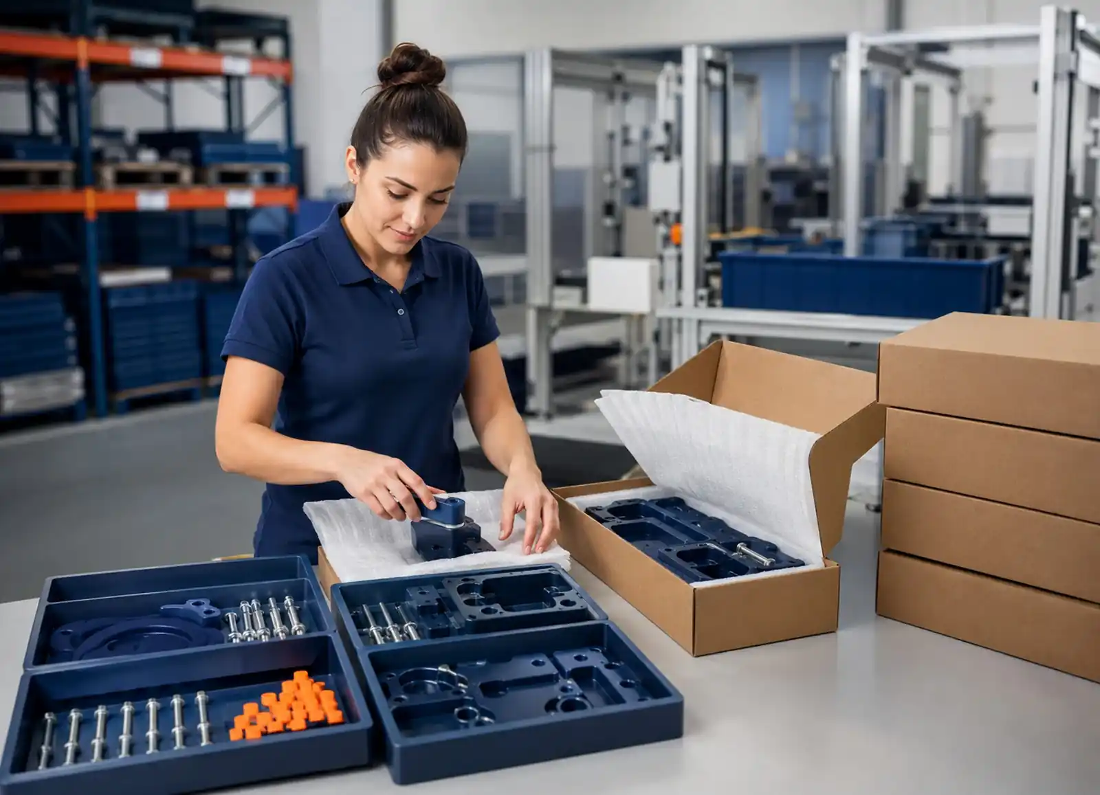 Secondary operations and logistics packaging station preparing customer-ready component kits