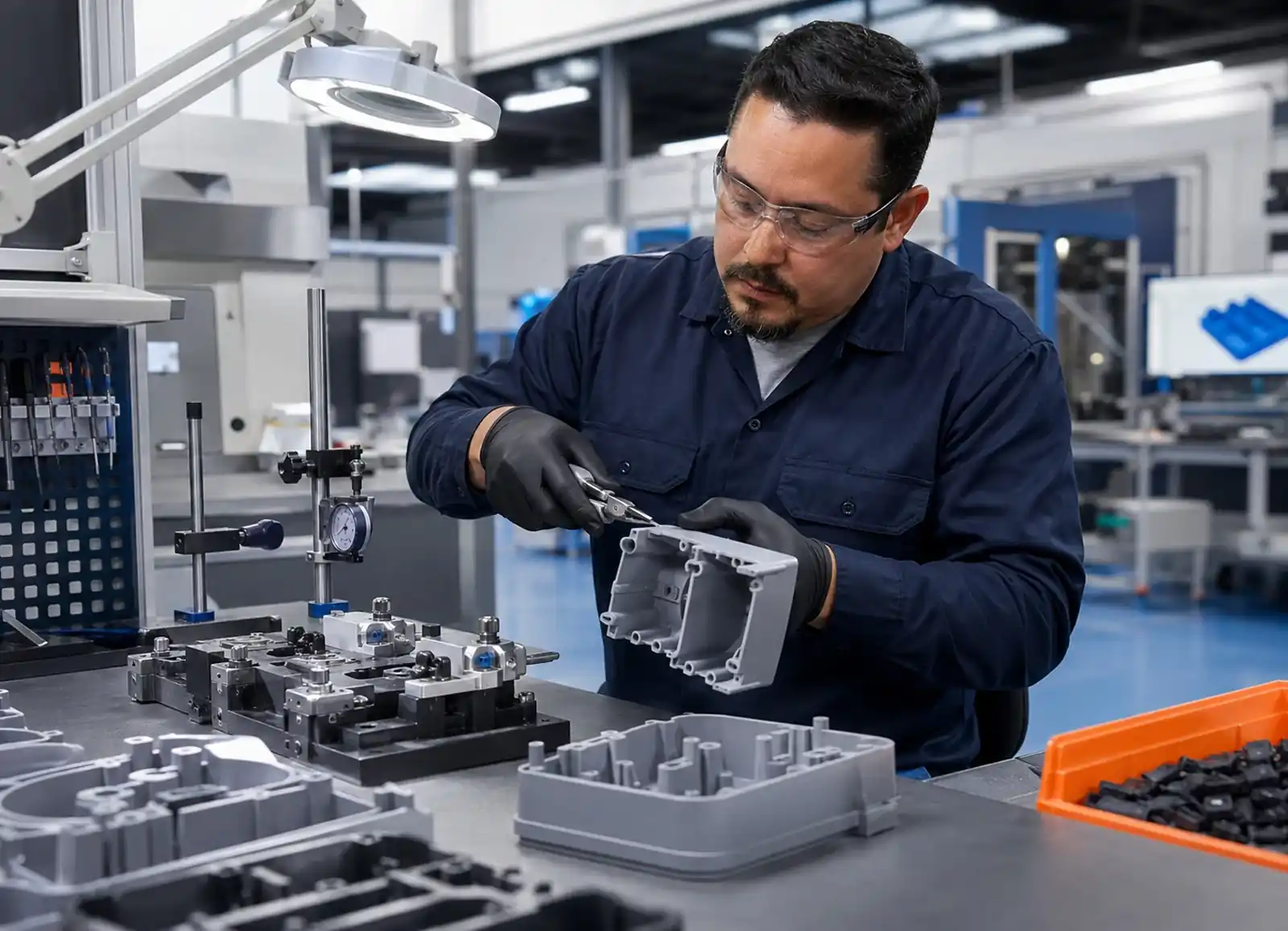Technician trimming and finishing molded plastic components at a clean workstation