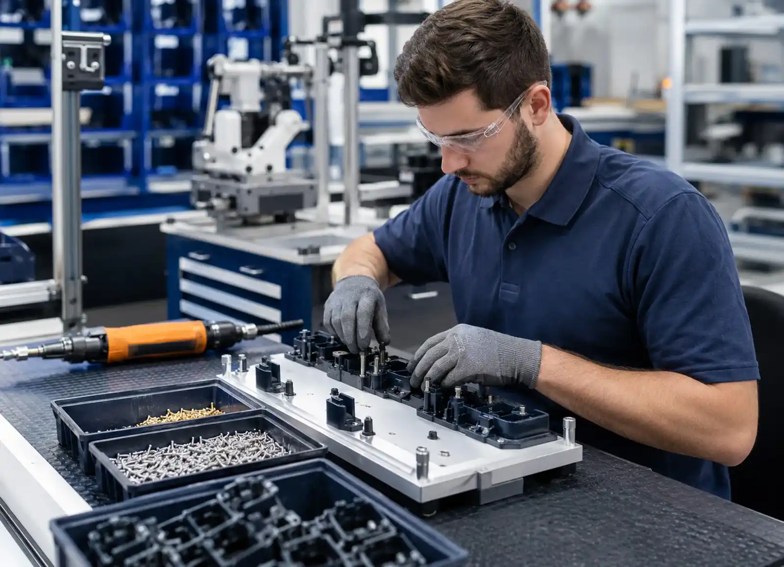 Secondary operations technician assembling molded plastic components with hardware